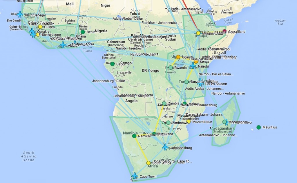 Karte mit der Reiseplanung für Afrika